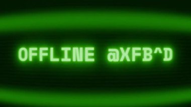 Old green CRT screen showing text OFFLINE STATUS appearing in random glitch and coding style