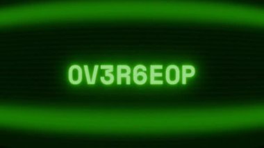 Old green CRT screen showing text OV3RFL0W appearing in random glitch and coding style
