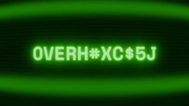 Old green CRT screen showing text OVERCURRENT appearing in random glitch and coding style