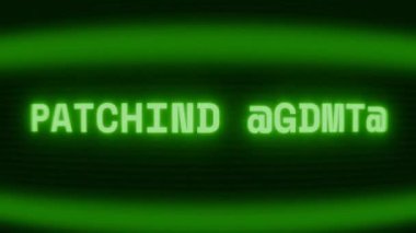 Old green CRT screen showing text PATCHING SYSTEM appearing in random glitch and coding style