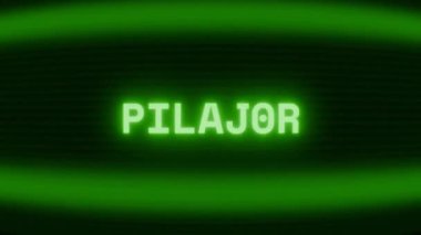 Old green CRT screen showing text PILATES appearing in random glitch and coding style