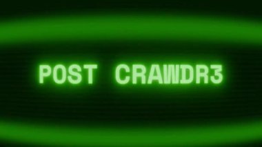Old green CRT screen showing text POST CREATED appearing in random glitch and coding style