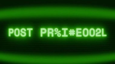 Old green CRT screen showing text POST PRODUCTION appearing in random glitch and coding style