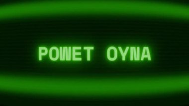 Old green CRT screen showing text POWER BANK appearing in random glitch and coding style