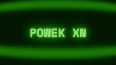 Old green CRT screen showing text POWER UP appearing in random glitch and coding style