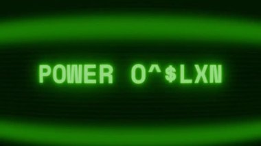 Old green CRT screen showing text POWER OUTAGE appearing in random glitch and coding style