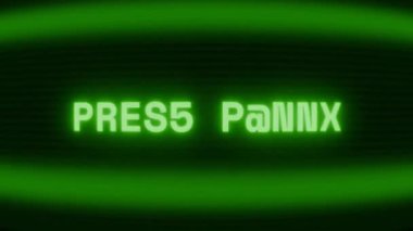 Old green CRT screen showing text PRESS START appearing in random glitch and coding style