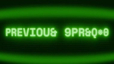 Old green CRT screen showing text PREVIOUS EPISODE appearing in random glitch and coding style