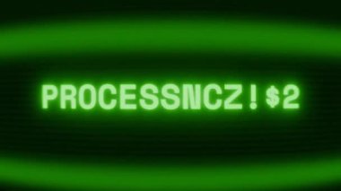 Old green CRT screen showing text PROCESSING... appearing in random glitch and coding style