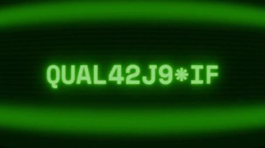 Old green CRT screen showing text QUALITATIVE appearing in random glitch and coding style