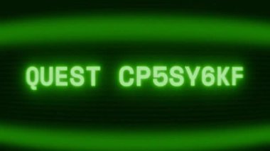 Old green CRT screen showing text QUEST COMPLETE appearing in random glitch and coding style