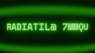 Old green CRT screen showing text RADIATION RISK! appearing in random glitch and coding style