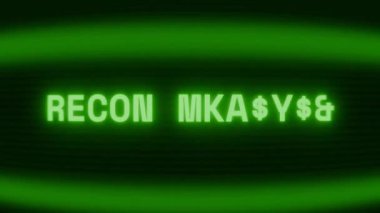 Old green CRT screen showing text RECON MISSION appearing in random glitch and coding style