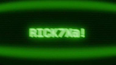Old green CRT screen showing text RICKSHAW appearing in random glitch and coding style