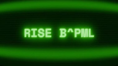 Old green CRT screen showing text RISE ABOVE appearing in random glitch and coding style