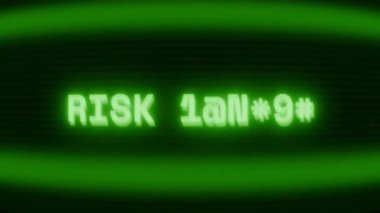 Old green CRT screen showing text RISK ALERT! appearing in random glitch and coding style