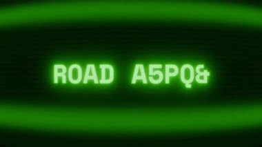 Old green CRT screen showing text ROAD BLOCK appearing in random glitch and coding style