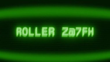 Old green CRT screen showing text ROLLER SKATE appearing in random glitch and coding style