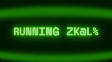 Old green CRT screen showing text RUNNING TRACK appearing in random glitch and coding style