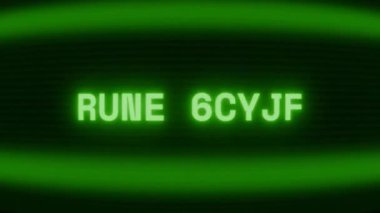 Old green CRT screen showing text RUNE STONE appearing in random glitch and coding style