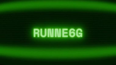 Old green CRT screen showing text RUNNING appearing in random glitch and coding style