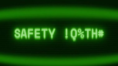 Old green CRT screen showing text SAFETY NOTICE appearing in random glitch and coding style