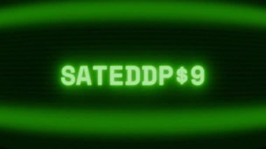 Old green CRT screen showing text SATELLITE appearing in random glitch and coding style