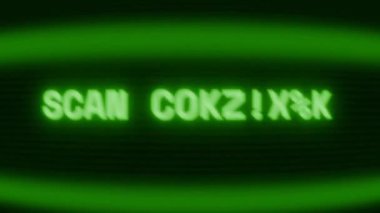 Old green CRT screen showing text SCAN COMPLETE appearing in random glitch and coding style