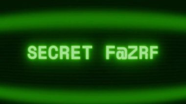 Old green CRT screen showing text SECRET TRADE appearing in random glitch and coding style