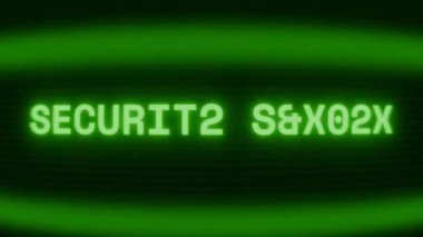 Old green CRT screen showing text SECURITY BREACH appearing in random glitch and coding style