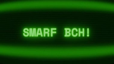 Old green CRT screen showing text SMART HOME appearing in random glitch and coding style
