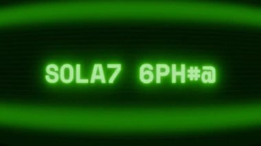 Old green CRT screen showing text SOLAR STORM appearing in random glitch and coding style