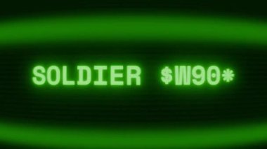 Old green CRT screen showing text SOLDIER READY appearing in random glitch and coding style