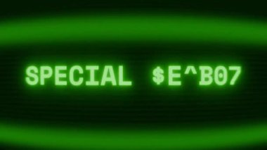 Old green CRT screen showing text SPECIAL EFFECT appearing in random glitch and coding style