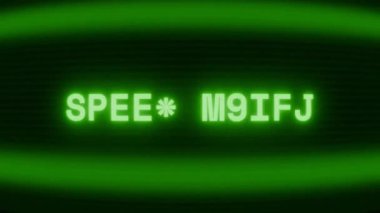 Old green CRT screen showing text SPEED LIMIT appearing in random glitch and coding style