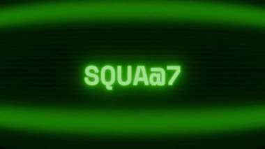 Old green CRT screen showing text SQUATS appearing in random glitch and coding style