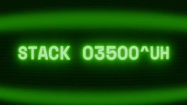 Old green CRT screen showing text STACK OVERFLOW appearing in random glitch and coding style
