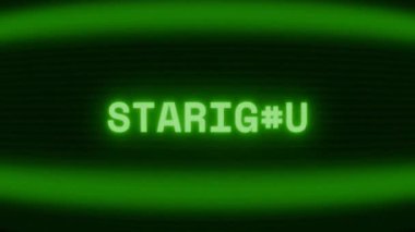 Old green CRT screen showing text STARDUST appearing in random glitch and coding style