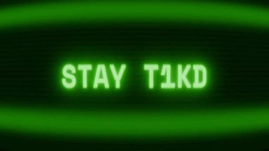 Old green CRT screen showing text STAY OUT! appearing in random glitch and coding style