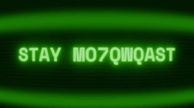 Old green CRT screen showing text STAY MOTIVATED appearing in random glitch and coding style