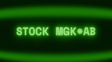 Old green CRT screen showing text STOCK MARKET appearing in random glitch and coding style