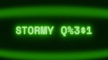 Old green CRT screen showing text STORMY NIGHT appearing in random glitch and coding style