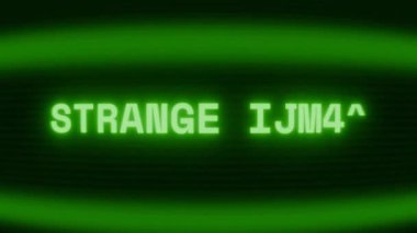 Old green CRT screen showing text STRANGE LIGHT appearing in random glitch and coding style