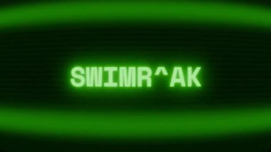 Old green CRT screen showing text SWIMMING appearing in random glitch and coding style