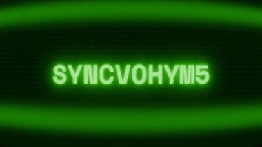 Old green CRT screen showing text SYNCING... appearing in random glitch and coding style