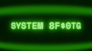Old green CRT screen showing text SYSTEM ALERT! appearing in random glitch and coding style