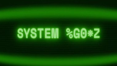 Old green CRT screen showing text SYSTEM FAIL! appearing in random glitch and coding style
