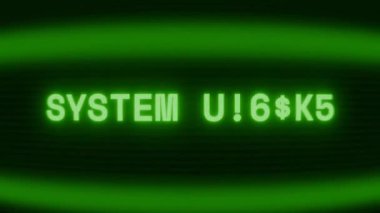 Old green CRT screen showing text SYSTEM NOTICE appearing in random glitch and coding style