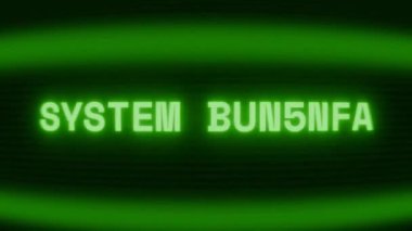 Old green CRT screen showing text SYSTEM OFFLINE appearing in random glitch and coding style