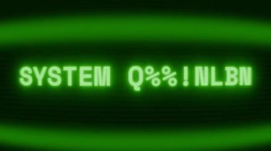 Old green CRT screen showing text SYSTEM SHUTDOWN appearing in random glitch and coding style